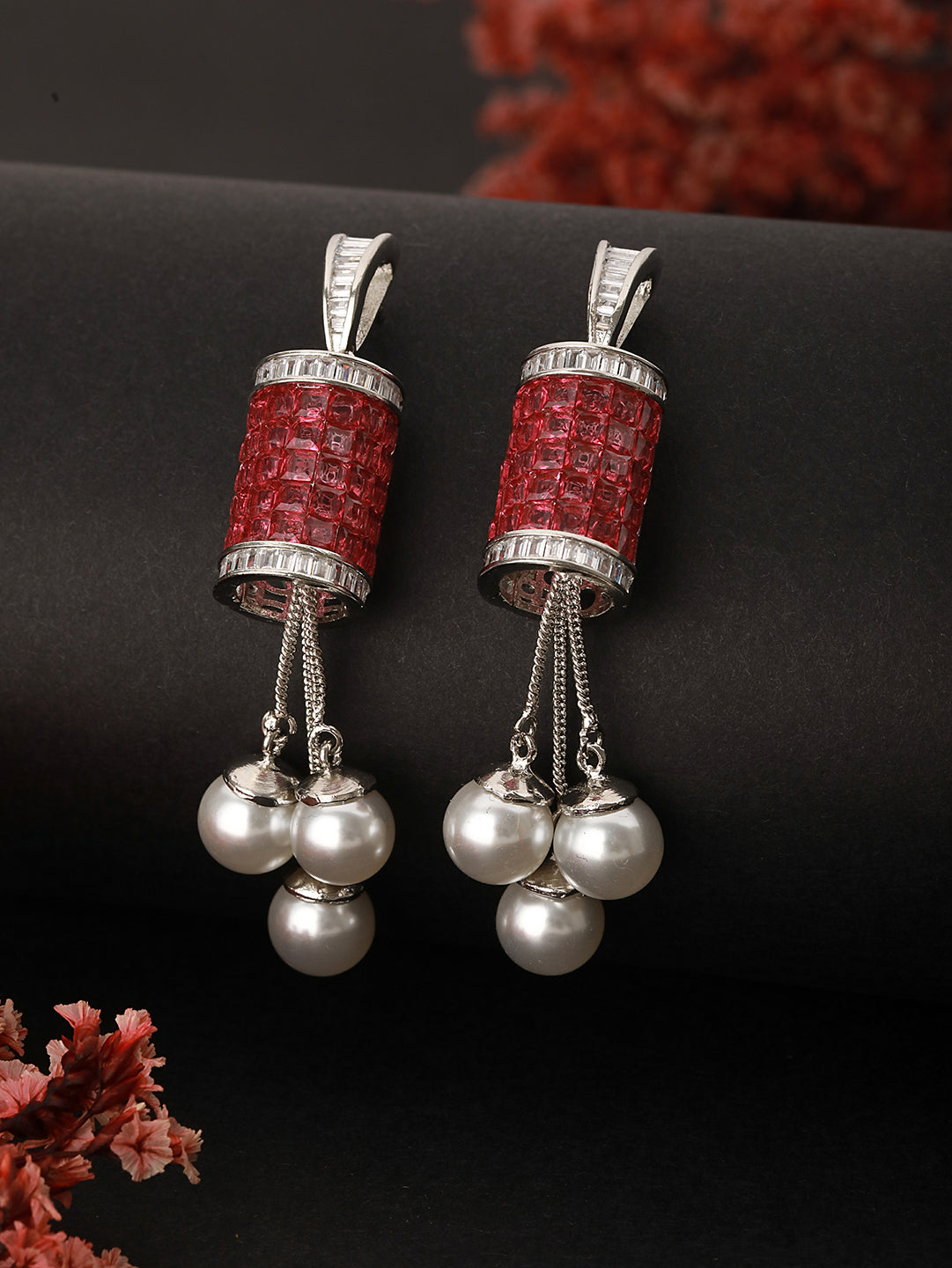 Silver Plated Red Cubic Zirconia & Pearl Beaded Designer Contemporary Dangler Earrings
